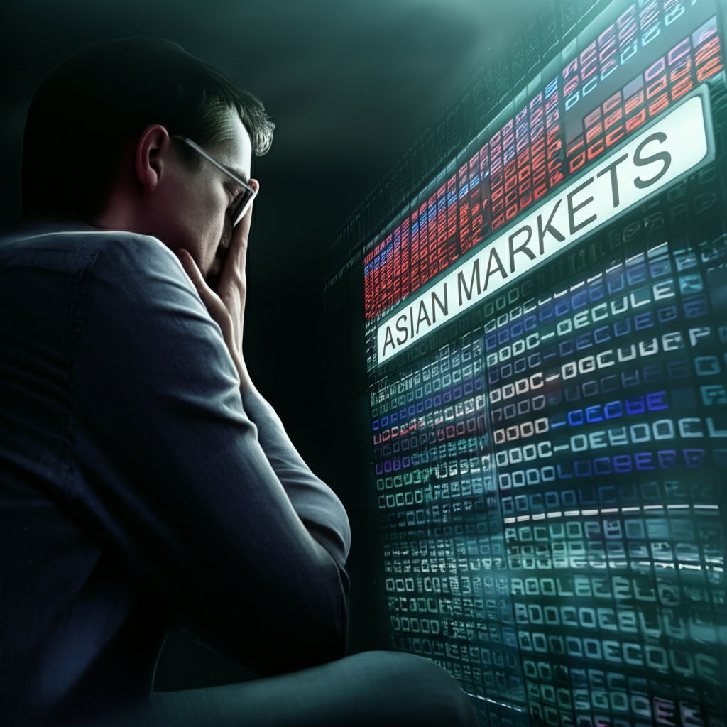 Asian stock market trading floor with worried investors