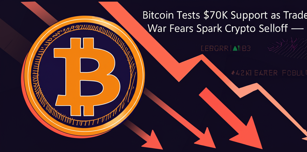 Bitcoin coin with falling stock market arrows in background