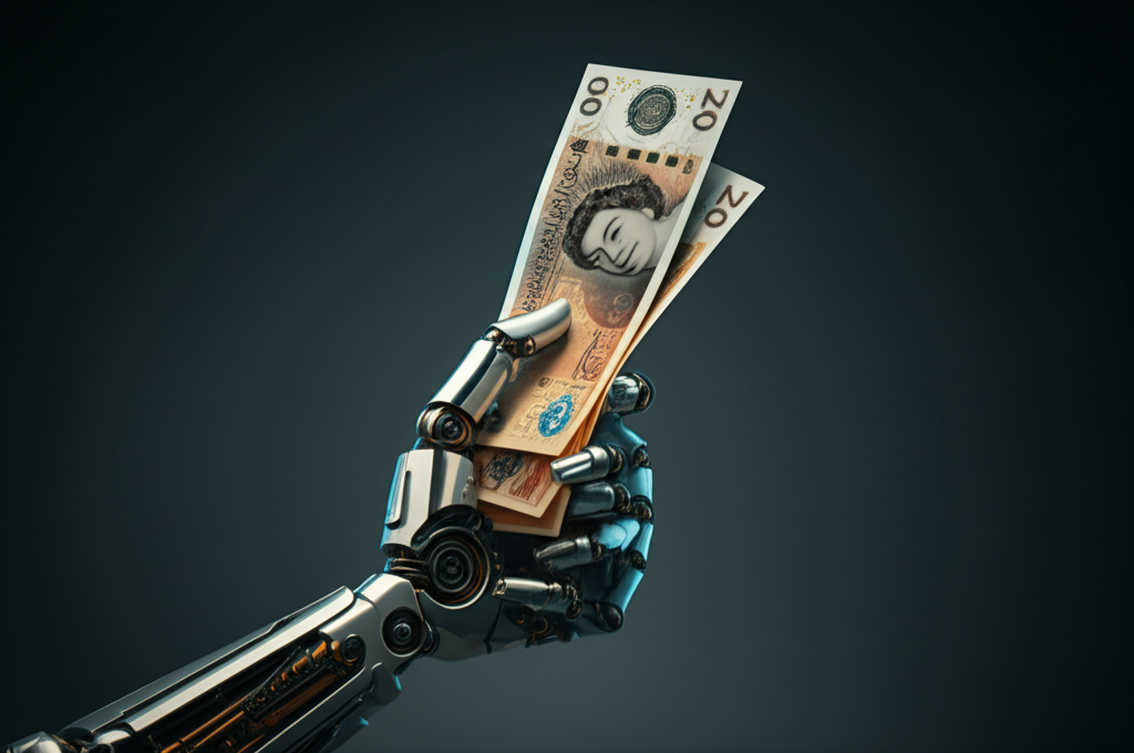 AI robot hand holding British pound notes
