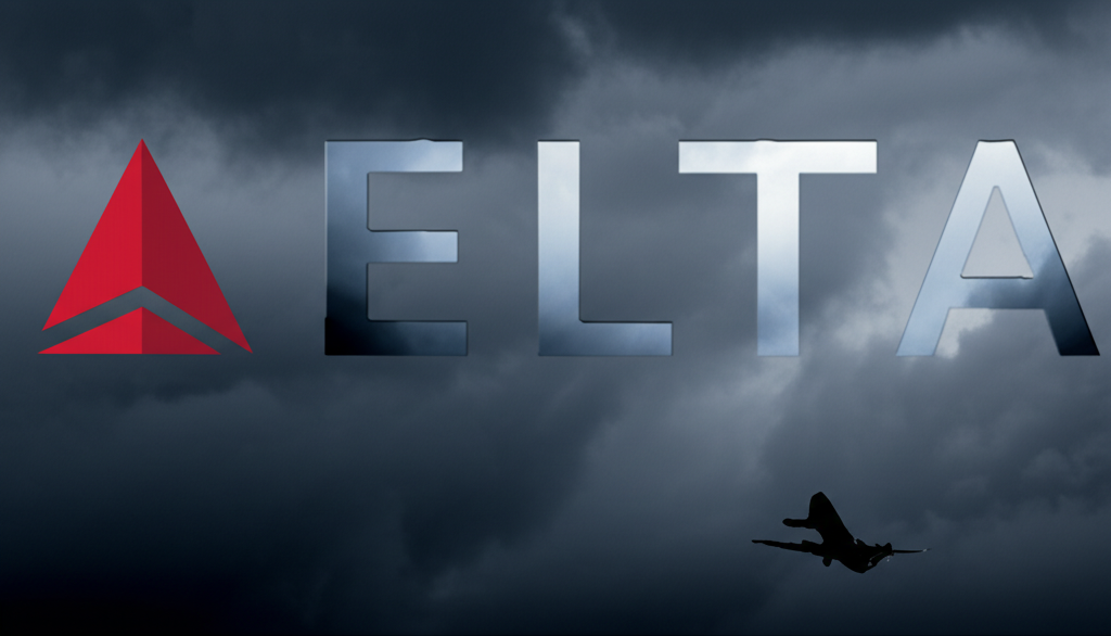 Delta airplane with stormy economic sky background