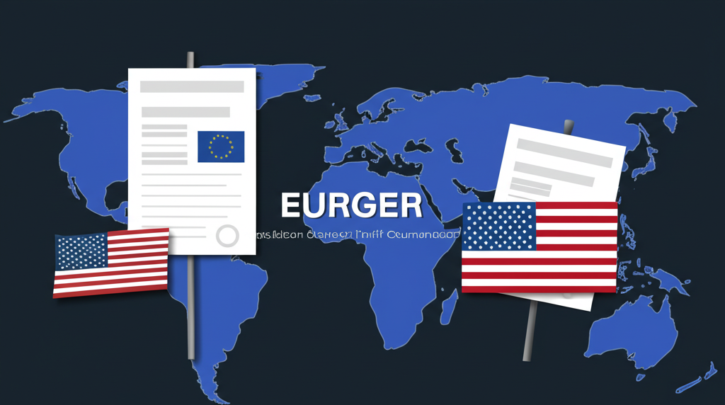 EU and US flags with tariff documents on map