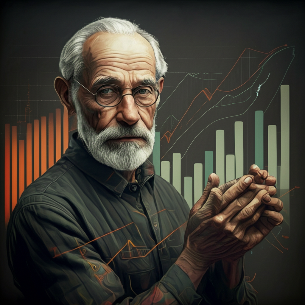 Vintage photo of grandfather with modern financial charts