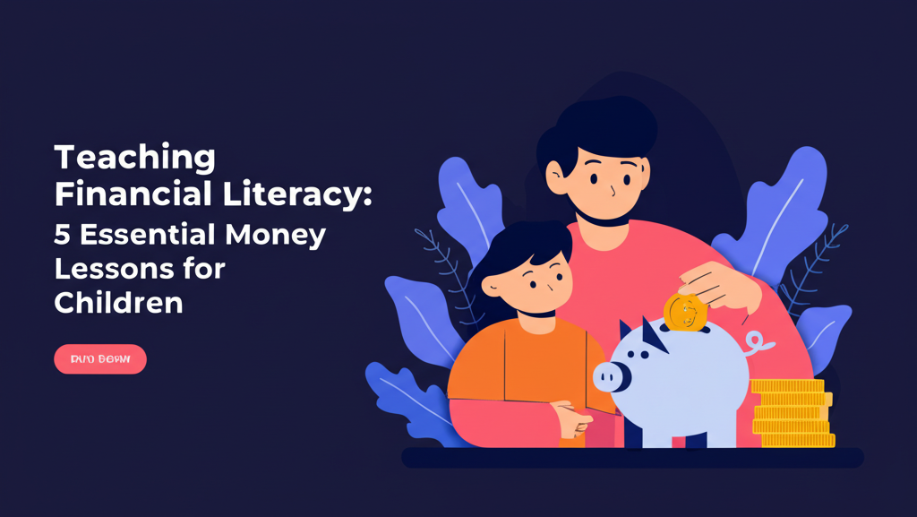 Parent teaching child with piggy bank and coins