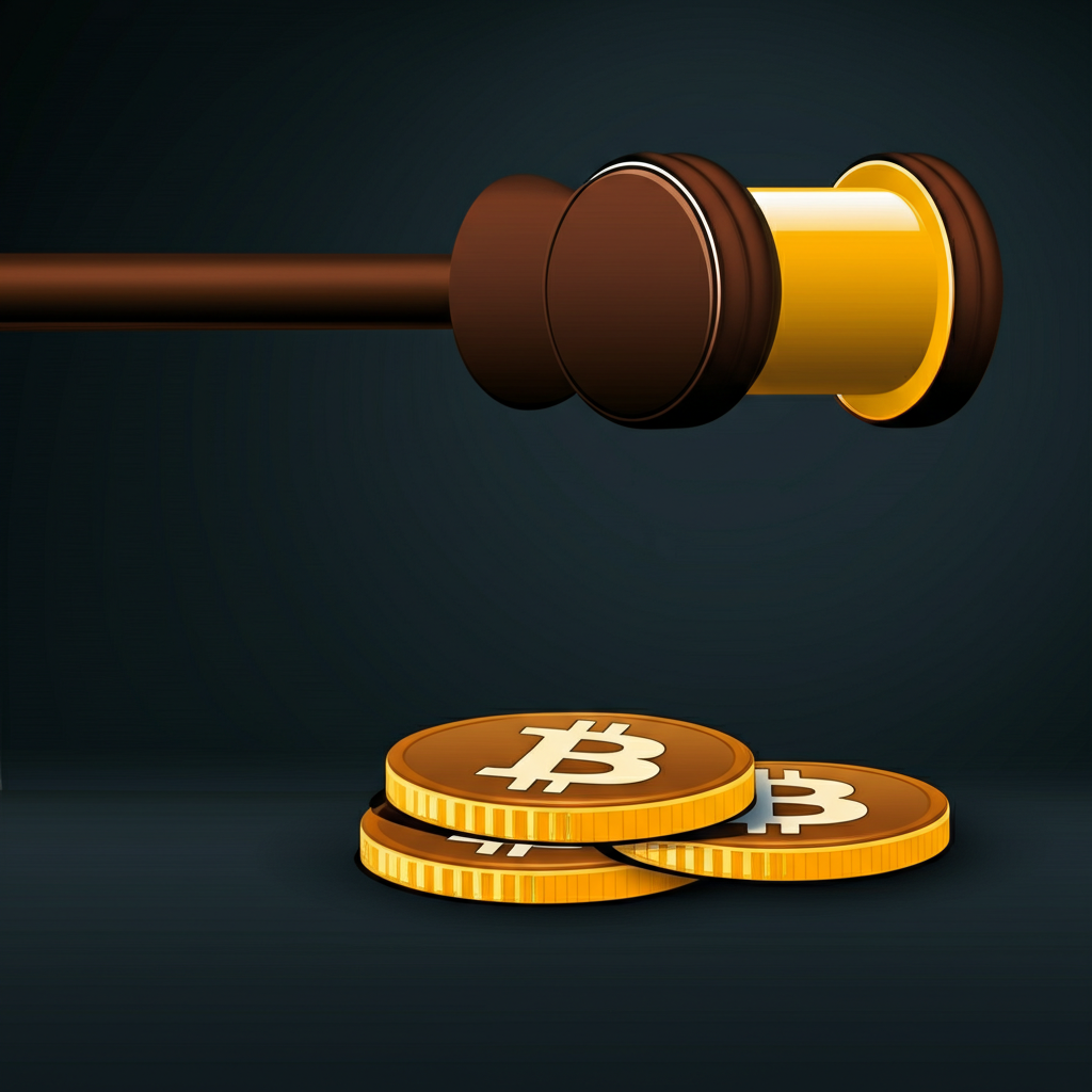 Gavel hovering over cryptocurrency coins