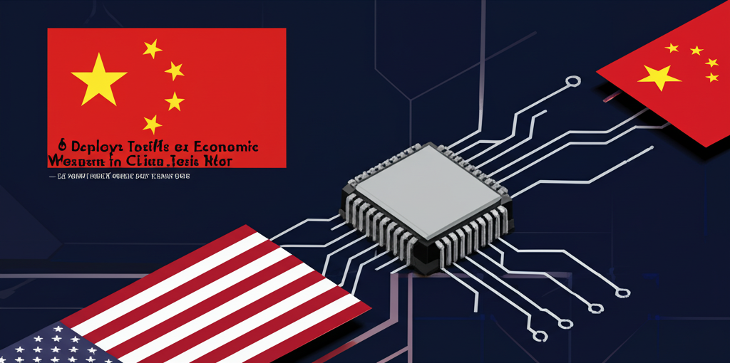 US and China flags with microchip between them