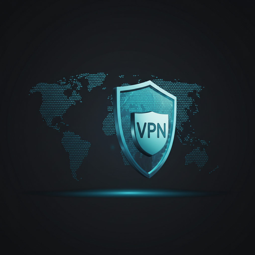 VPN shield icon protecting global internet map