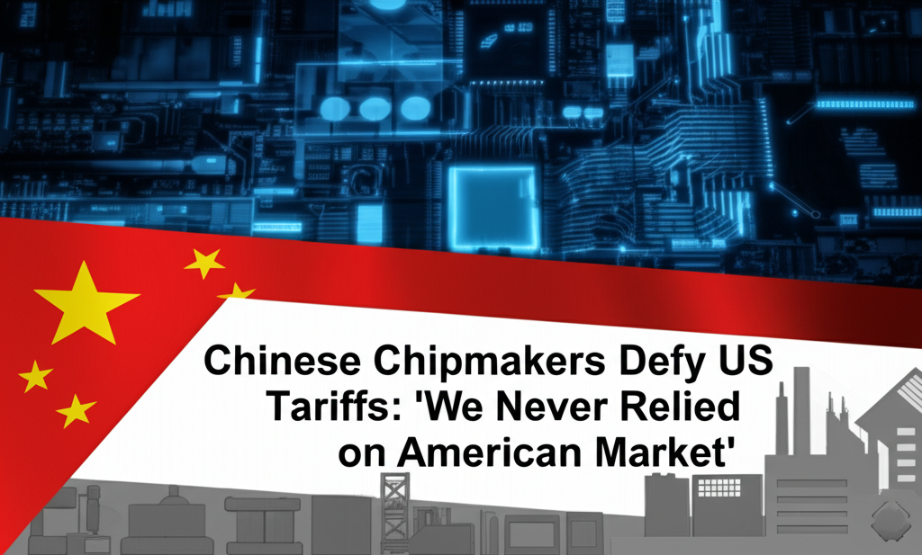 Chinese semiconductor factory with national flag backdrop