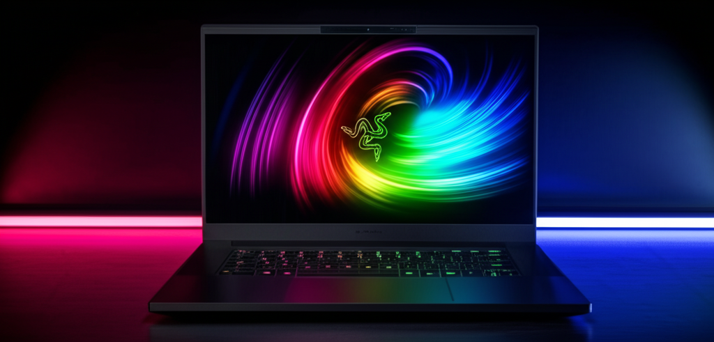 Razer Blade 16 laptop with RGB lighting on gaming desk